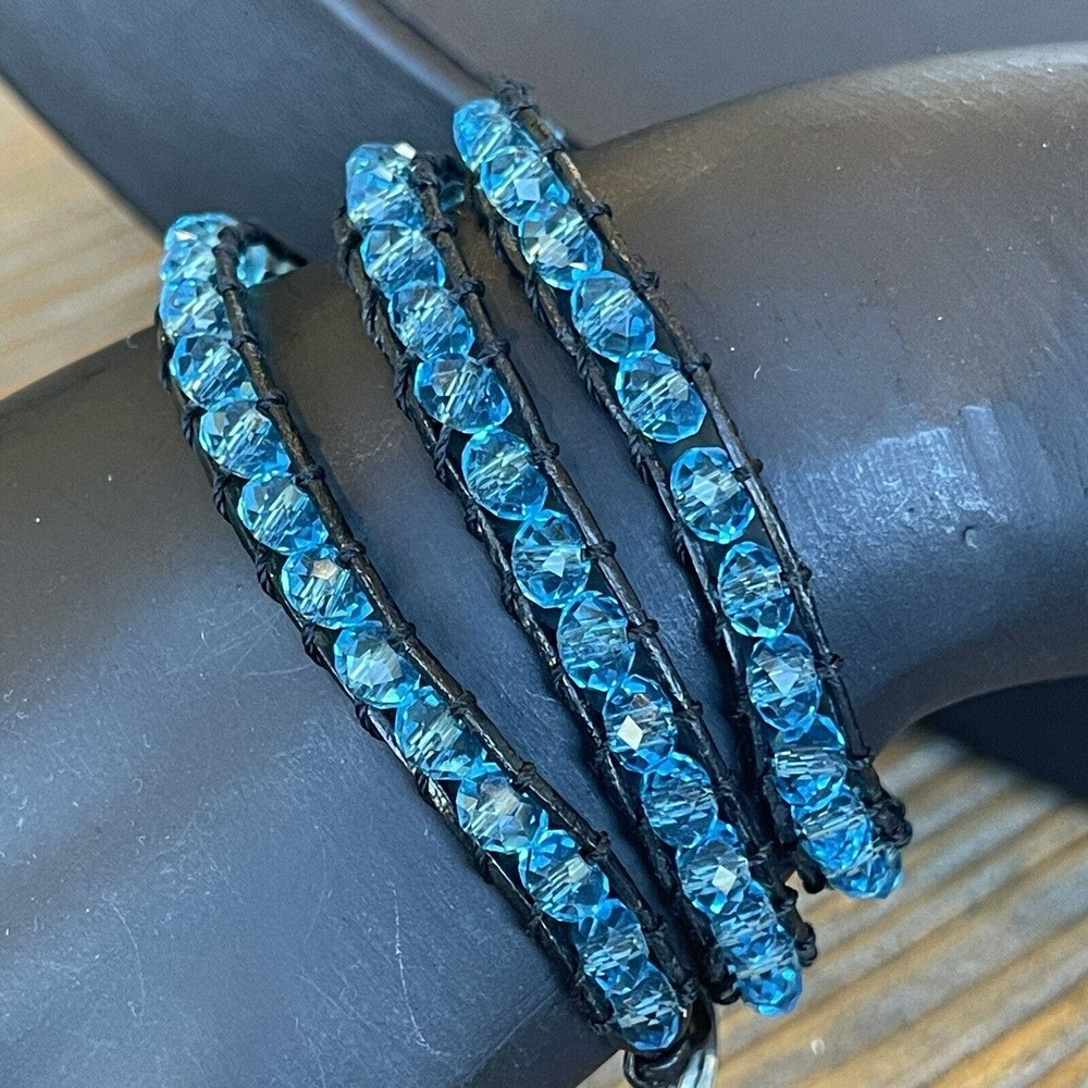 Leather Boho Wrap Bracelet Blue Glass Beads Healing Stone Chakra Balancing